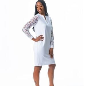 White split neck long lace sleeve knee length dress sz L